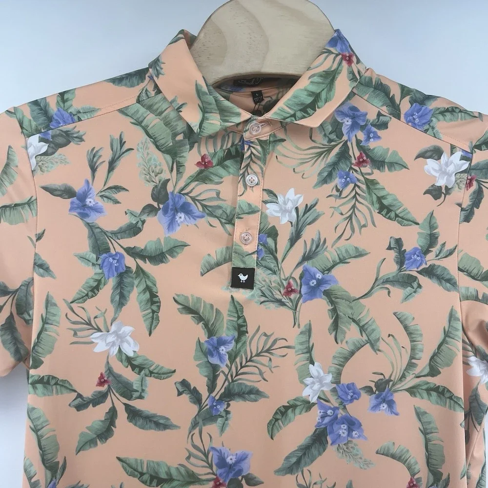 Bad Birdie Core Polo Flora Fiesta Mens Large Peach Floral Performance New - Picture 3 of 4